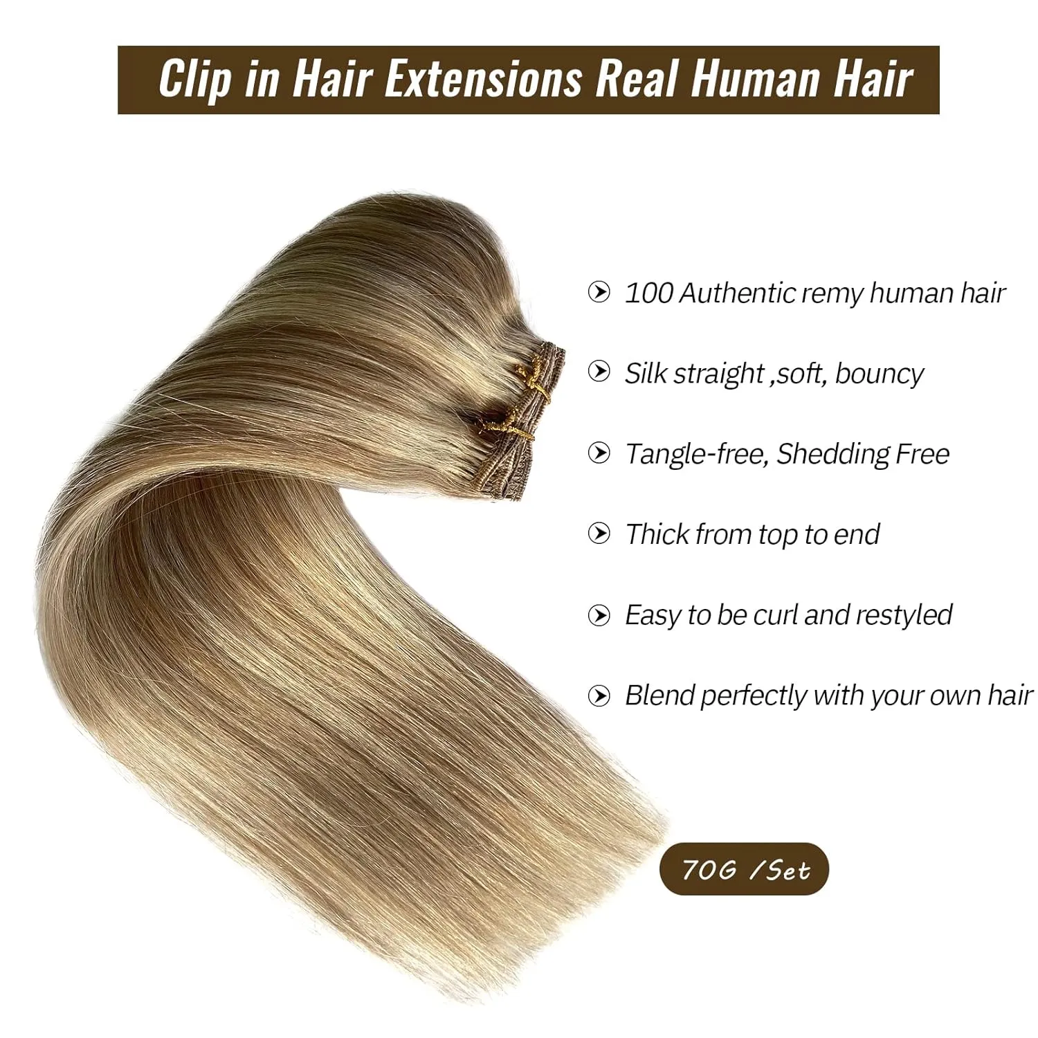 Clip in Hair Extensions, Golden Blonde with Light Blonde Highlights Remy Hair Extensions Clip in Real Human Hair 7 Pcs 70G Clip in Extensions 20 Inch Double Wefts Hair Clip ins for Fine Hair Women