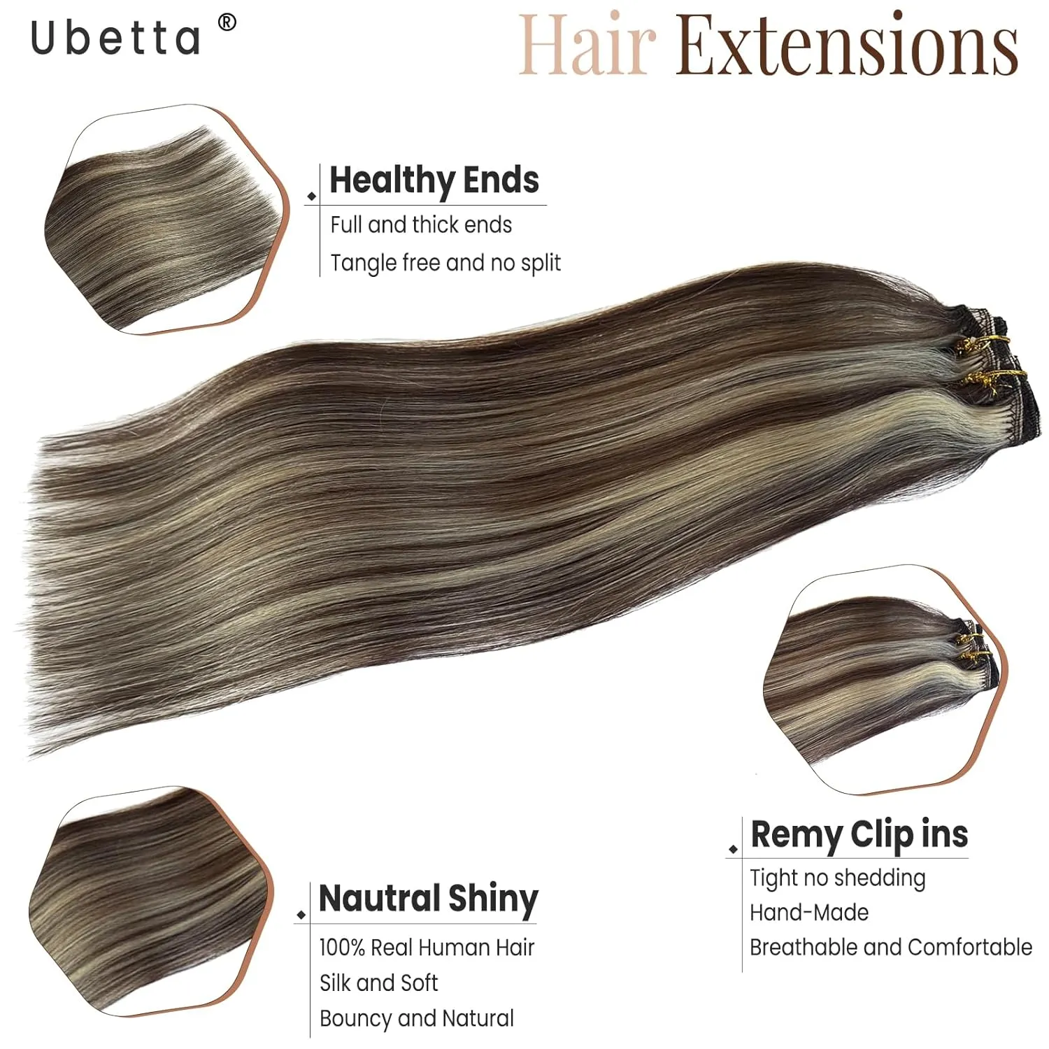 Clip in Hair Extensions Human Hair, Chocolate Brown Balayage Blonde Highlights Hair Extensions Real Human Hair Clip ins 7pcs 70G 16 Inch Clip in Hair Extension Human Hair Clip in Extensions for Women