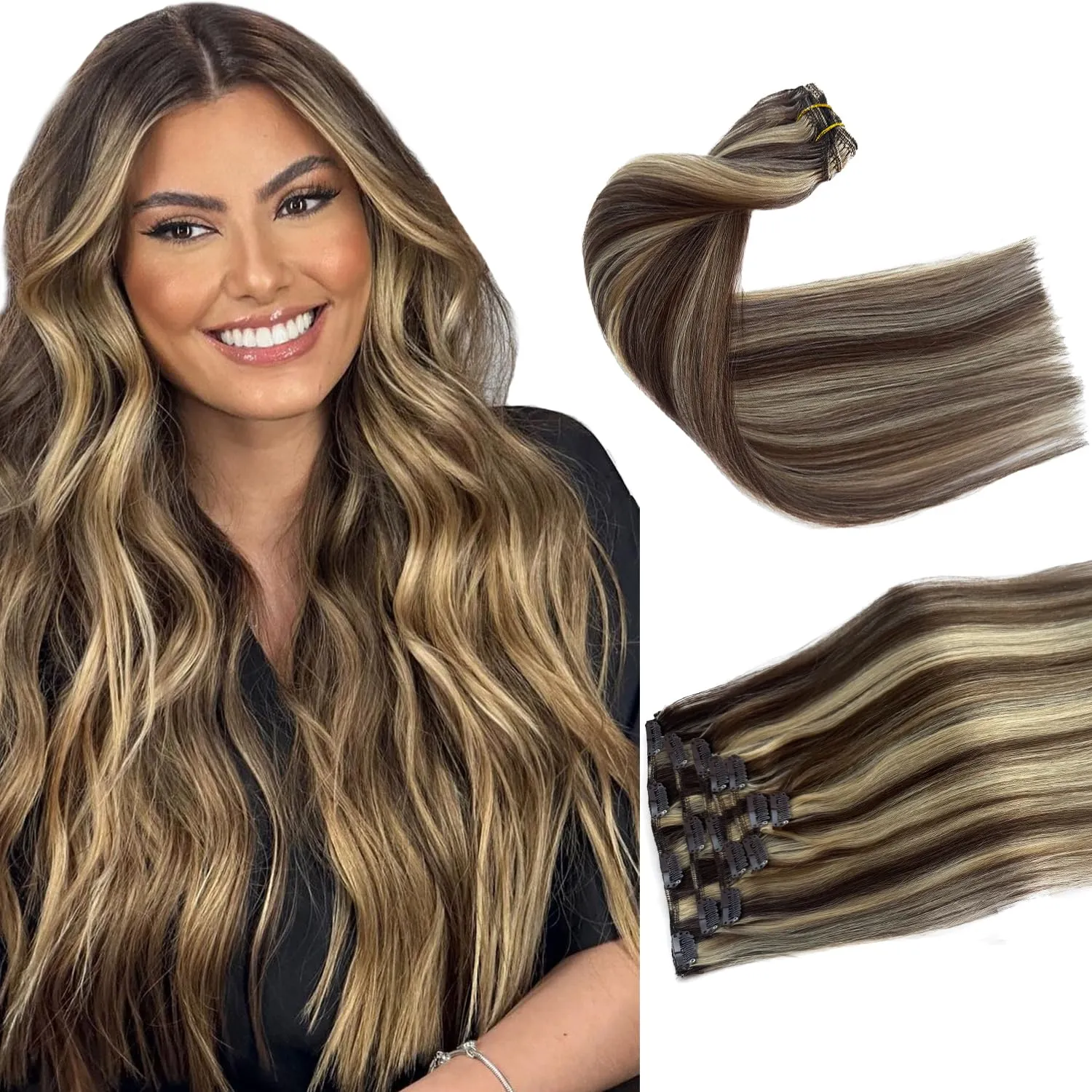 Clip in Hair Extensions Human Hair, Chocolate Brown Balayage Blonde Highlights Hair Extensions Real Human Hair Clip ins 7pcs 70G 16 Inch Clip in Hair Extension Human Hair Clip in Extensions for Women