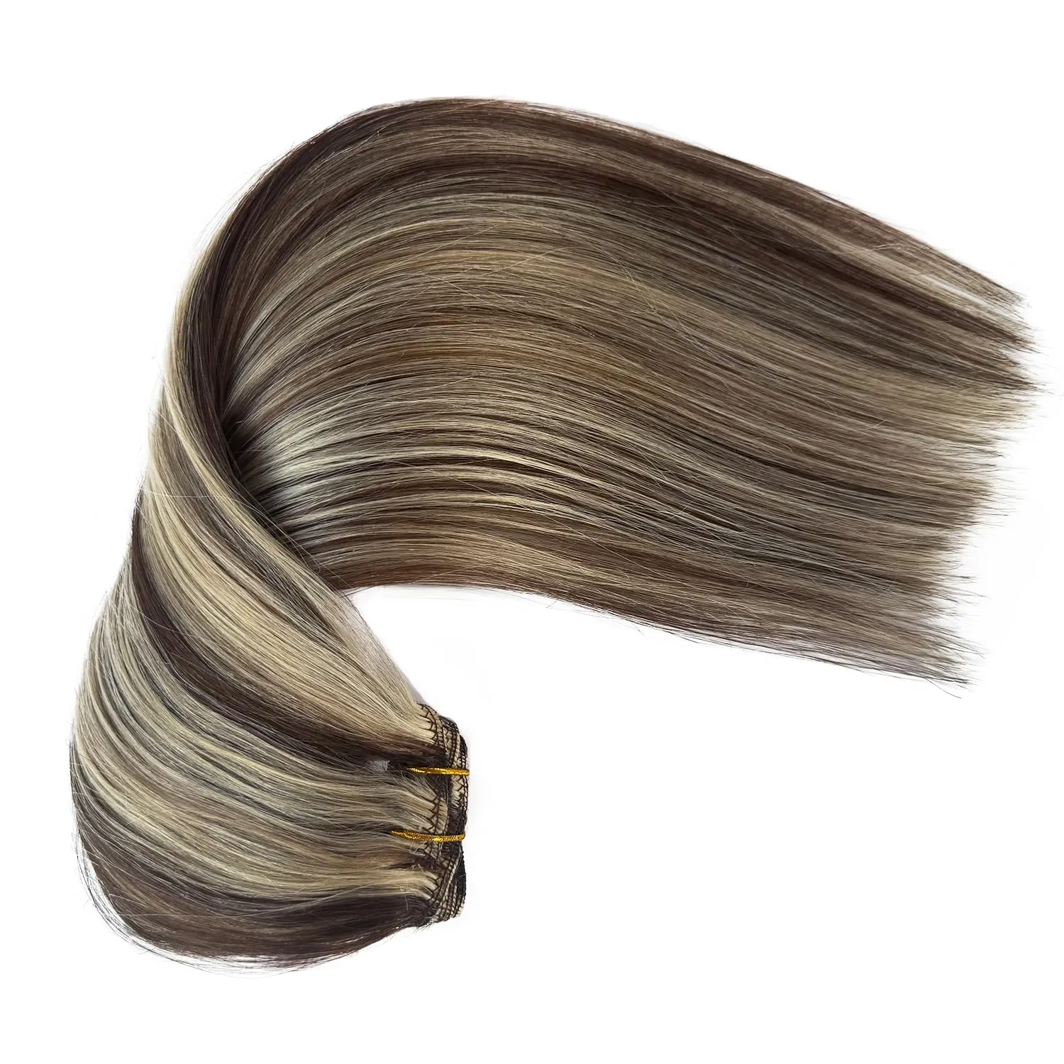 Clip in Hair Extensions Human Hair, Chocolate Brown Balayage Blonde Highlights Hair Extensions Real Human Hair Clip ins 7pcs 70G 16 Inch Clip in Hair Extension Human Hair Clip in Extensions for Women