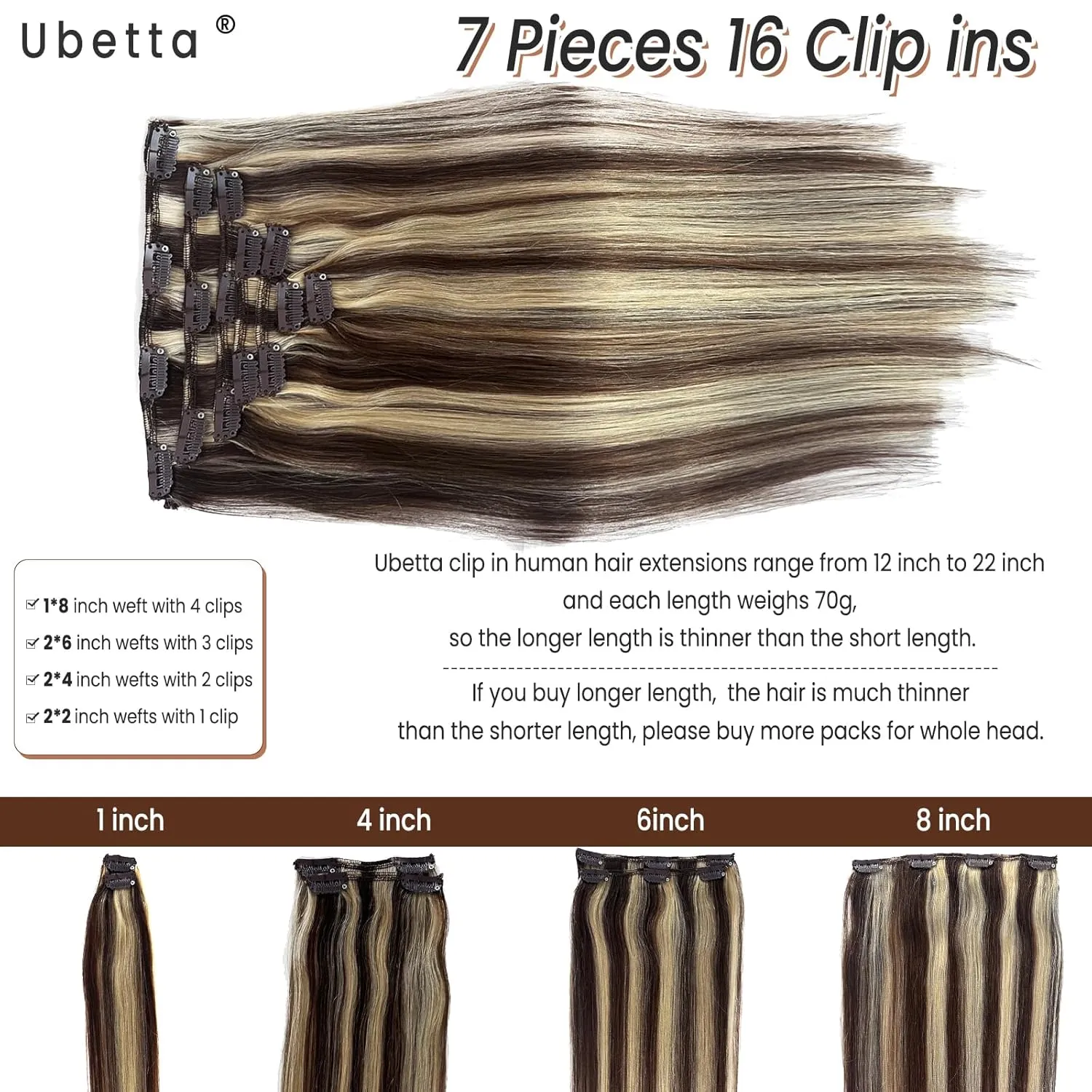 Clip in Hair Extensions Human Hair, Chocolate Brown Balayage Blonde Highlights Hair Extensions Real Human Hair Clip ins 7pcs 70G 16 Inch Clip in Hair Extension Human Hair Clip in Extensions for Women