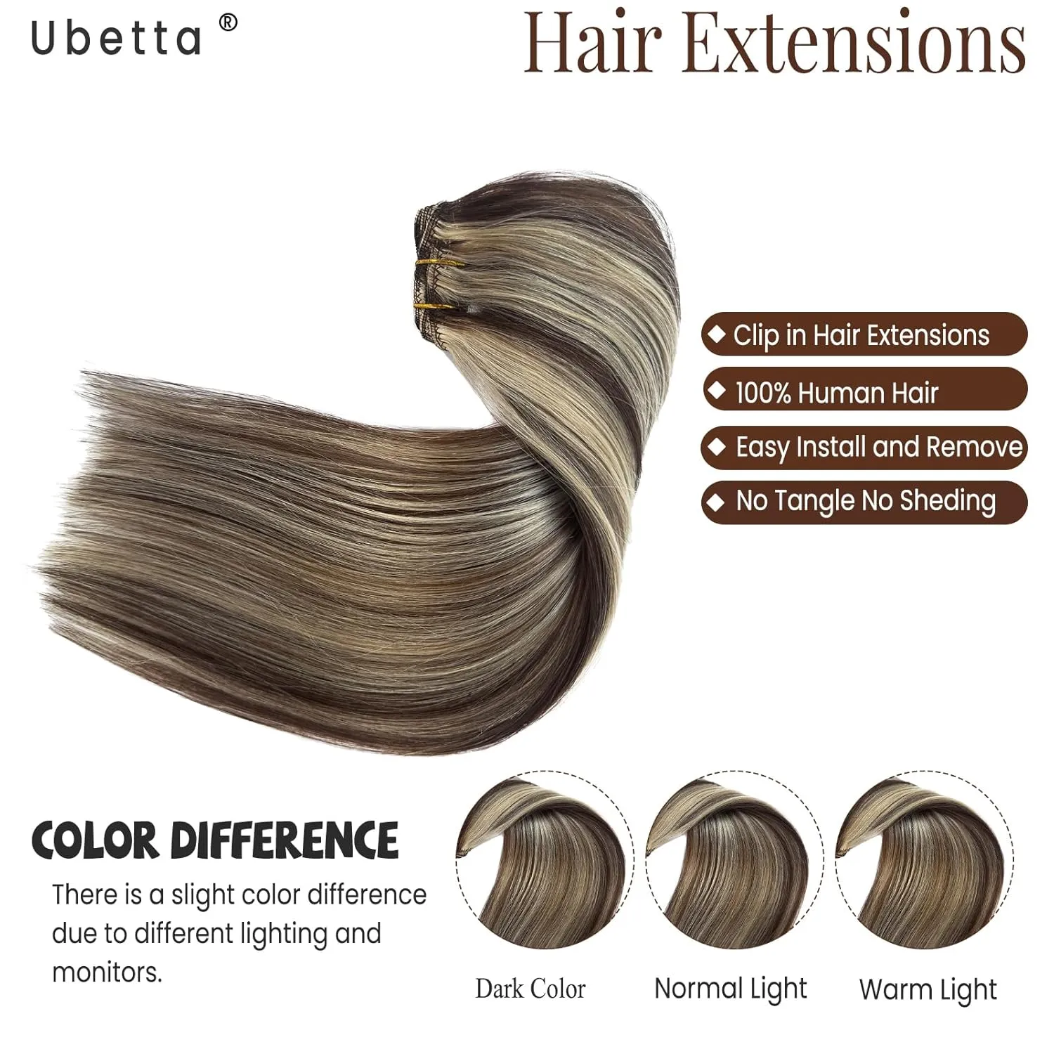 Clip in Hair Extensions Human Hair, Chocolate Brown Balayage Blonde Highlights Hair Extensions Real Human Hair Clip ins 7pcs 70G 16 Inch Clip in Hair Extension Human Hair Clip in Extensions for Women