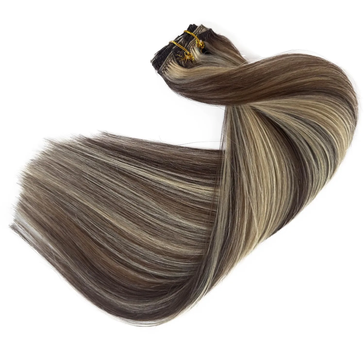 Clip in Hair Extensions Human Hair, Chocolate Brown Balayage Blonde Highlights Hair Extensions Real Human Hair Clip ins 7pcs 70G 16 Inch Clip in Hair Extension Human Hair Clip in Extensions for Women
