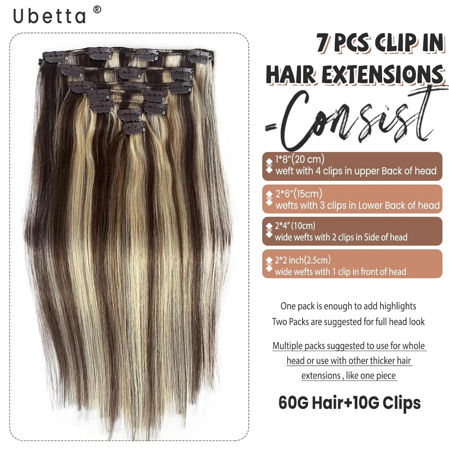Clip in Hair Extensions Human Hair, Chocolate Brown Balayage Blonde Highlights Hair Extensions Real Human Hair Clip ins 7pcs 70G 16 Inch Clip in Hair Extension Human Hair Clip in Extensions for Women