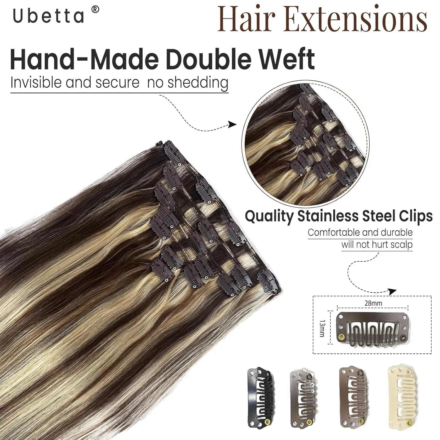 Clip in Hair Extensions Human Hair, Chocolate Brown Balayage Blonde Highlights Hair Extensions Real Human Hair Clip ins 7pcs 70G 16 Inch Clip in Hair Extension Human Hair Clip in Extensions for Women
