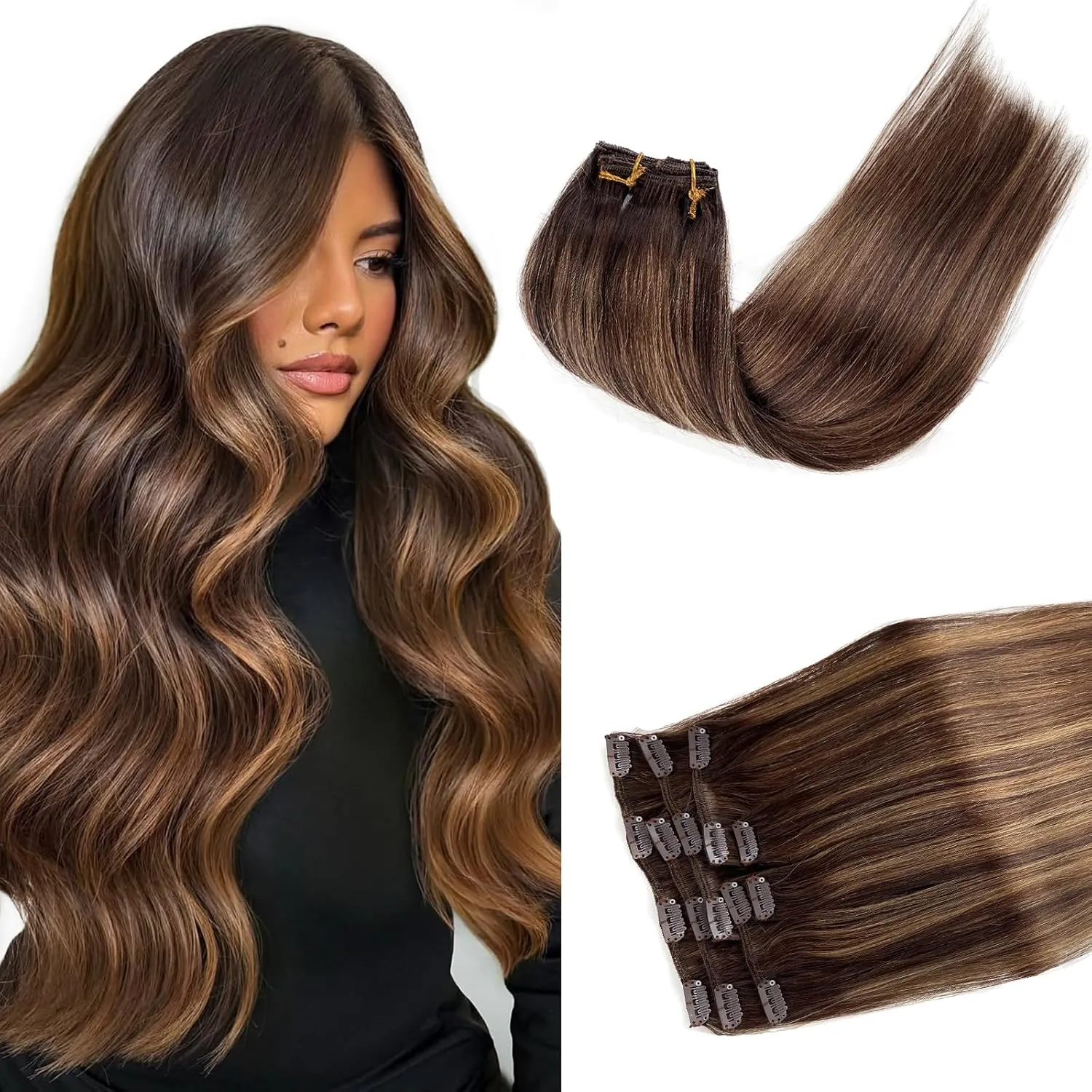 Clip in Hair Extensions Human Hair Clip in Extensions, Dark Brown Balayage Ash Brown Clip in Hair Extensions Real Human Hair, 12 Inch 7 Pcs Double Weft Straight Remy Human Hair Clip in Extensions 70G