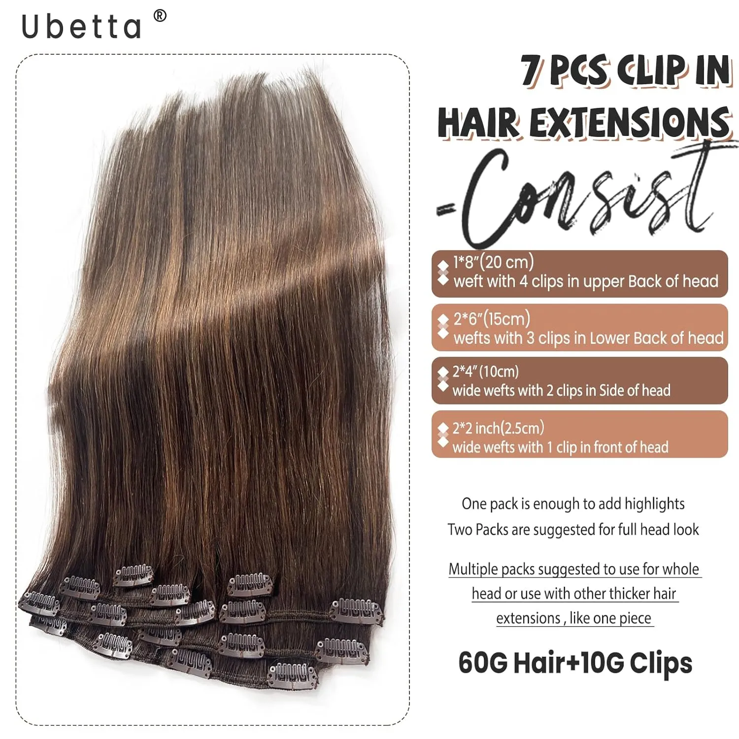 Clip in Hair Extensions Human Hair Clip in Extensions, Dark Brown Balayage Ash Brown Clip in Hair Extensions Real Human Hair, 12 Inch 7 Pcs Double Weft Straight Remy Human Hair Clip in Extensions 70G