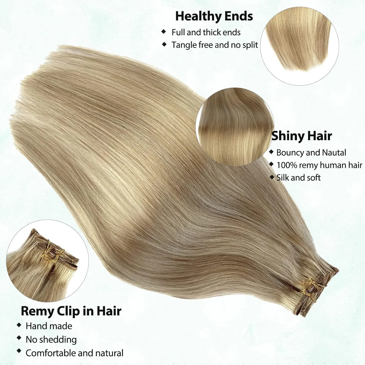 Clip in Hair Extensions Human Hair Mixed Bleach Blonde 20inch Real Hair Extensions Double Weft Clip on Extensions 7 Pieces Sikly Straight Natural Hair Extensions 70g for Women
