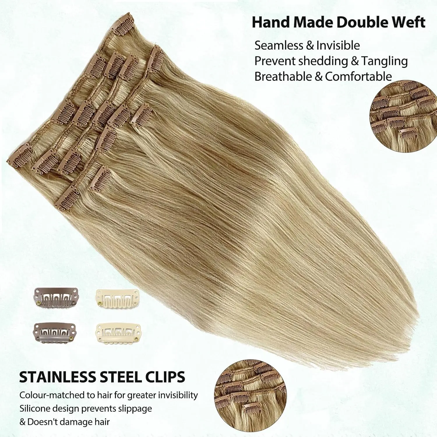 Clip in Hair Extensions Human Hair Mixed Bleach Blonde 20inch Real Hair Extensions Double Weft Clip on Extensions 7 Pieces Sikly Straight Natural Hair Extensions 70g for Women