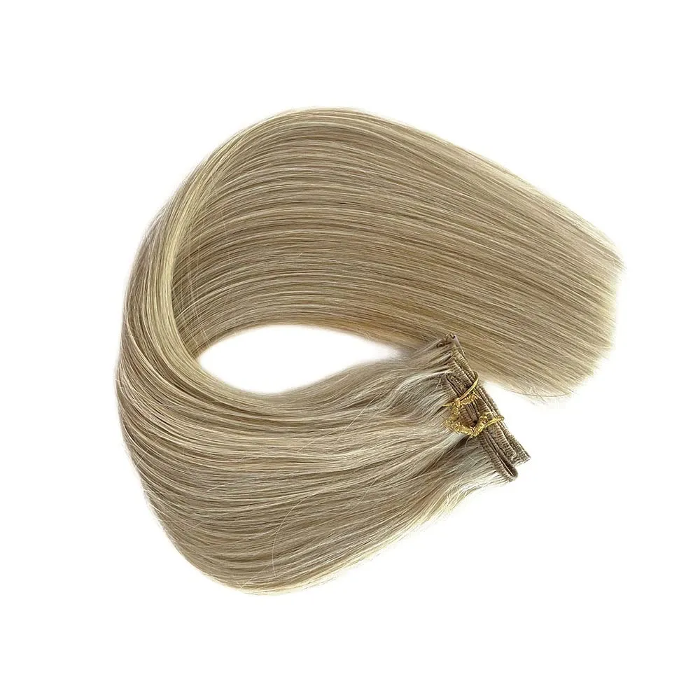 Clip in Hair Extensions Human Hair Mixed Bleach Blonde 20inch Real Hair Extensions Double Weft Clip on Extensions 7 Pieces Sikly Straight Natural Hair Extensions 70g for Women