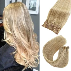 Clip in Hair Extensions Human Hair Mixed Bleach Blonde 20inch Real Hair Extensions Double Weft Clip on Extensions 7 Pieces Sikly Straight Natural Hair Extensions 70g for Women