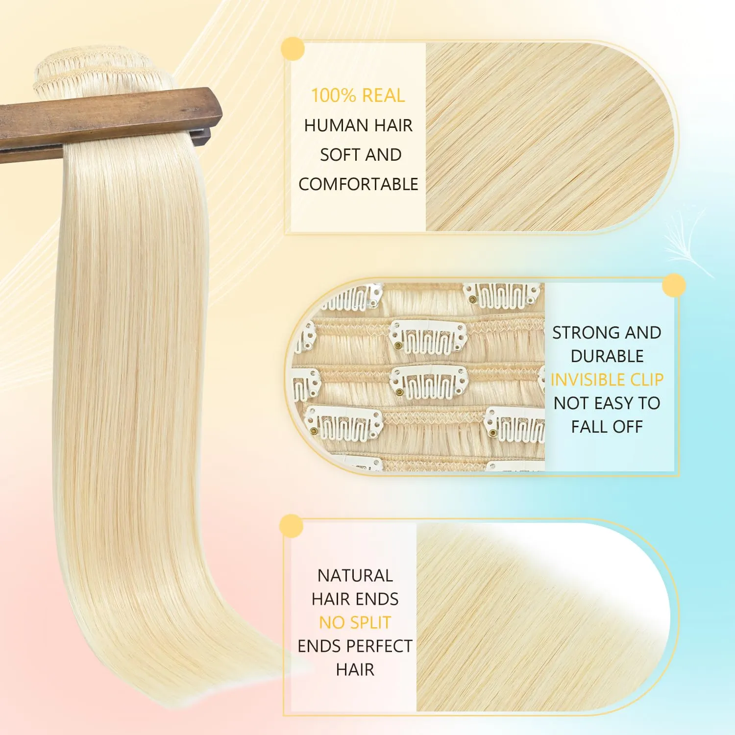 Clip in Hair Extensions Platinum Blonde Hair for women 75g Real Human Hair 15 Inch #60 Soft and Smooth Remy Hair Extensions Clip ins