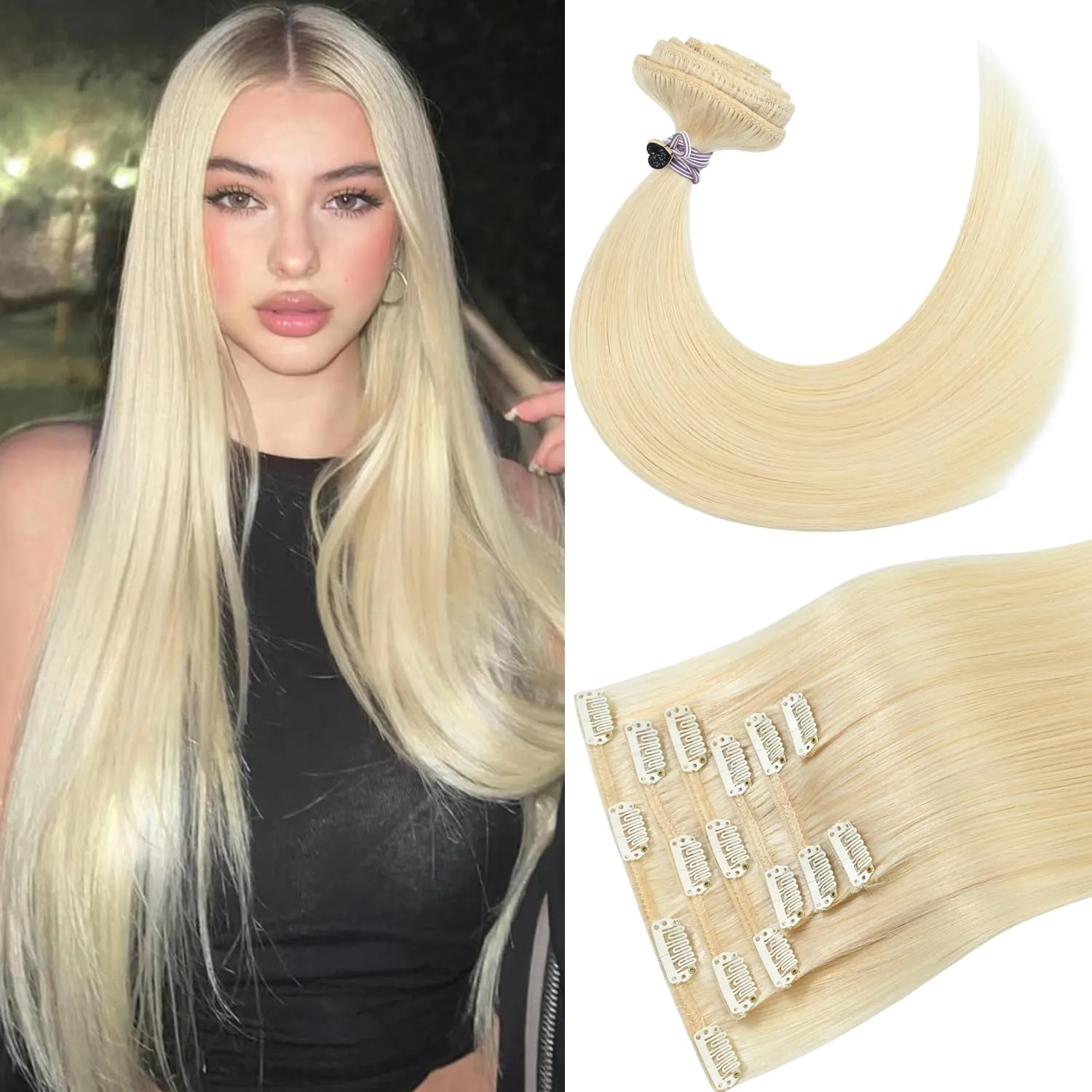 Clip in Hair Extensions Platinum Blonde Hair for women 75g Real Human Hair 15 Inch #60 Soft and Smooth Remy Hair Extensions Clip ins
