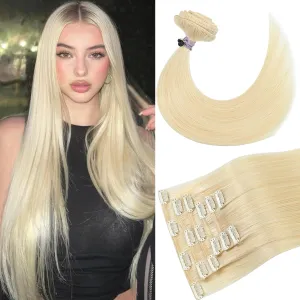 Clip in Hair Extensions Platinum Blonde Hair for women 75g Real Human Hair 15 Inch #60 Soft and Smooth Remy Hair Extensions Clip ins