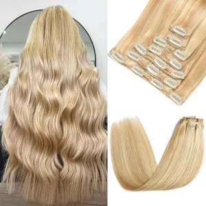 Clip in Hair Extensions Real Human Hair - 160g 20 Inch 7pcs, Dirty Blonde to Bleach Blonde Highlight Color - Premium Soft Human Hair Clip in Extensions Straight for Women