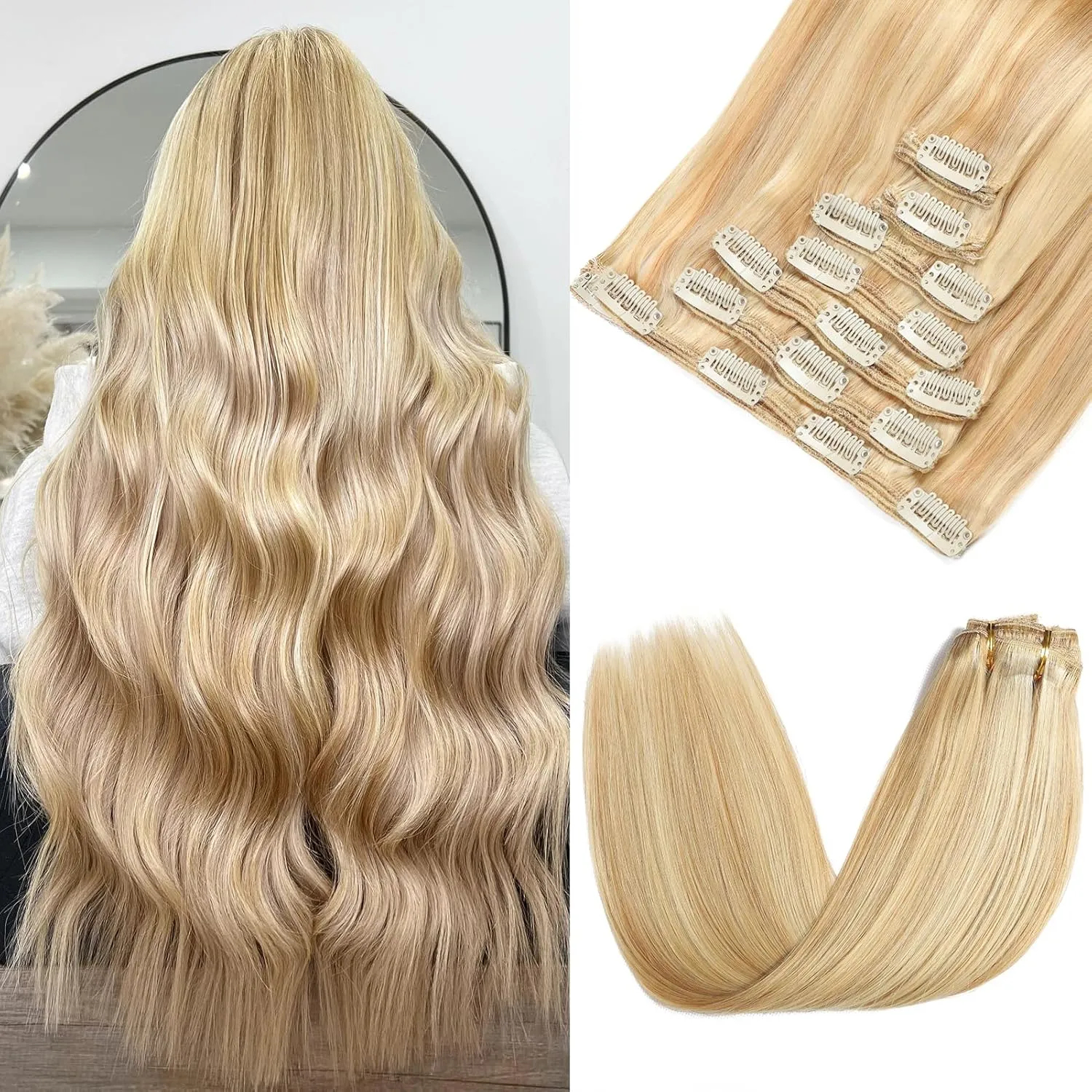 Clip in Hair Extensions Real Human Hair - 160g 20 Inch 7pcs, Dirty Blonde to Bleach Blonde Highlight Color - Premium Soft Human Hair Clip in Extensions Straight for Women