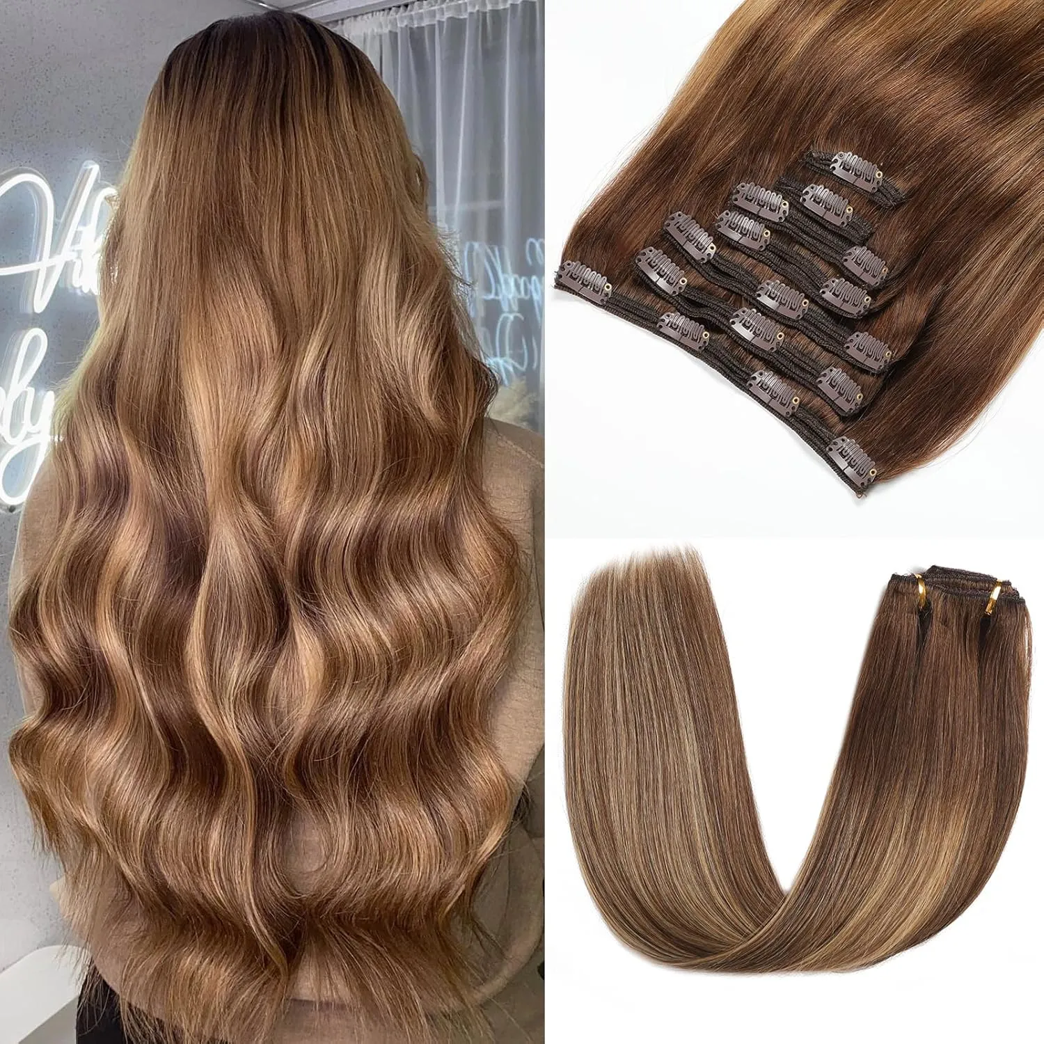 Clip in Hair Extensions Real Human Hair - 160g 20 Inch 7pcs, Ombre Chocolate Brown to Caramel Blonde Balayage Color - Soft Hair Extensions Real Human Hair Clip ins Straight for Women