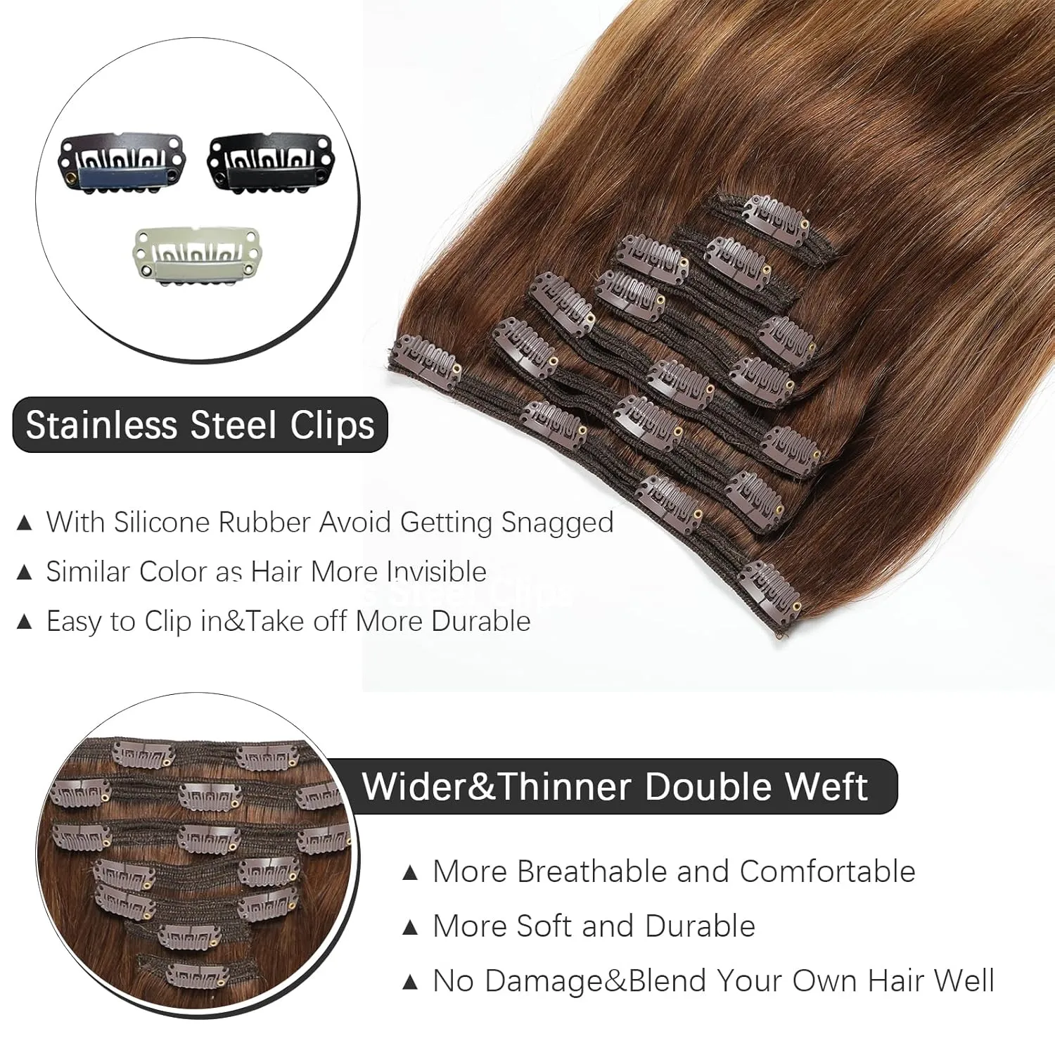 Clip in Hair Extensions Real Human Hair - 160g 20 Inch 7pcs, Ombre Chocolate Brown to Caramel Blonde Balayage Color - Soft Hair Extensions Real Human Hair Clip ins Straight for Women