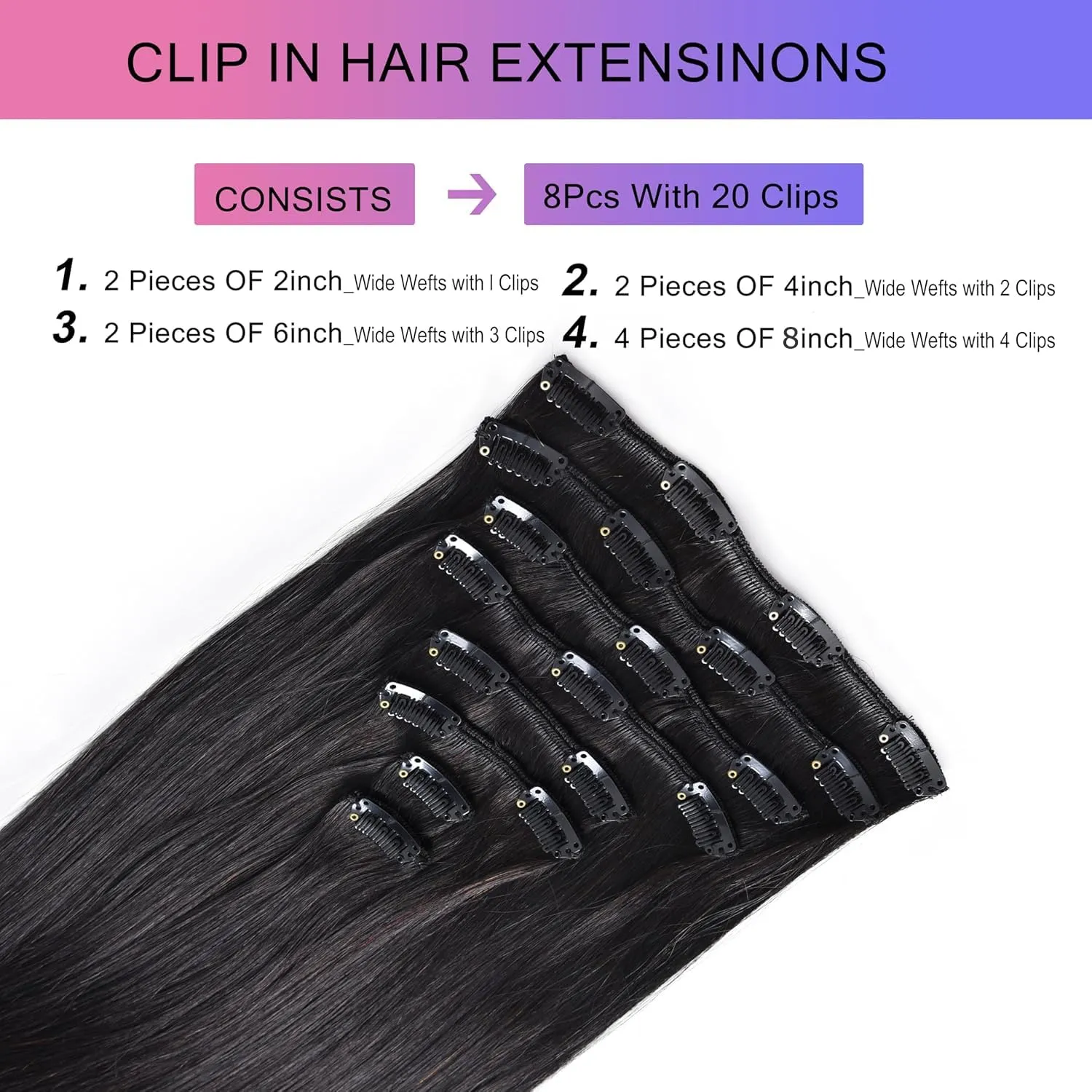 Clip in Hair Extensions Real Human Hair, 20 Inch 105g/3.7oz, 1B Natural Black, Invisible Seamless Straight Remy Human Hair Clip in Extensions for Women 8pcs Per Set with Double Weft
