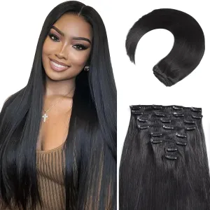 Clip in Hair Extensions Real Human Hair, 20 Inch 105g/3.7oz, 1B Natural Black, Invisible Seamless Straight Remy Human Hair Clip in Extensions for Women 8pcs Per Set with Double Weft