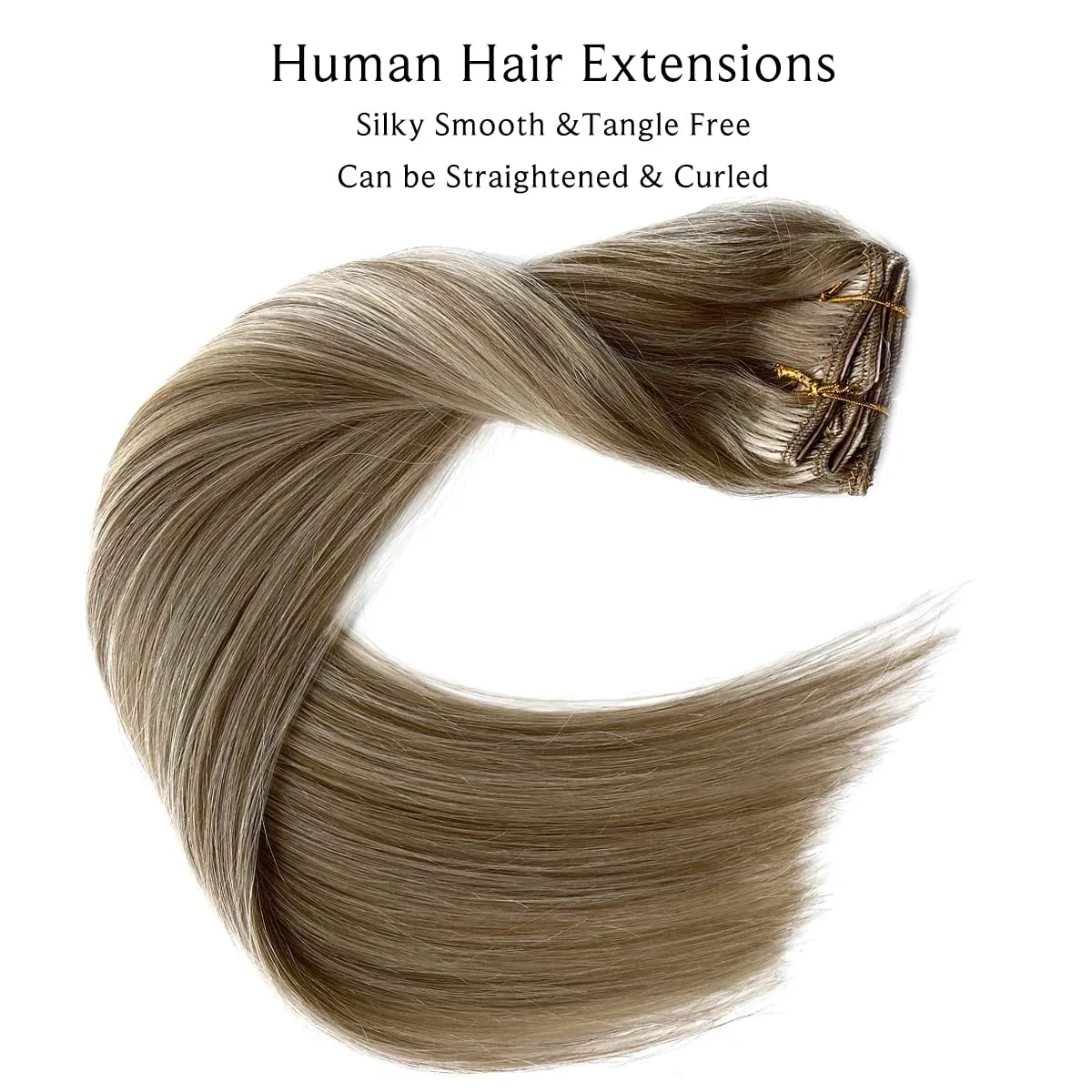Clip in Hair Extensions Real Human Hair, Ash Blonde Balayage White Blonde Highlights Real Hair Extensions Clip in Human Hair,14 Inch 70G 7 Pieces Double Wefts Remy Human Hair Clip ins Extensions