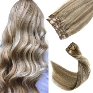 Clip in Hair Extensions Real Human Hair, Ash Blonde Balayage White Blonde Highlights Real Hair Extensions Clip in Human Hair,14 Inch 70G 7 Pieces Double Wefts Remy Human Hair Clip ins Extensions