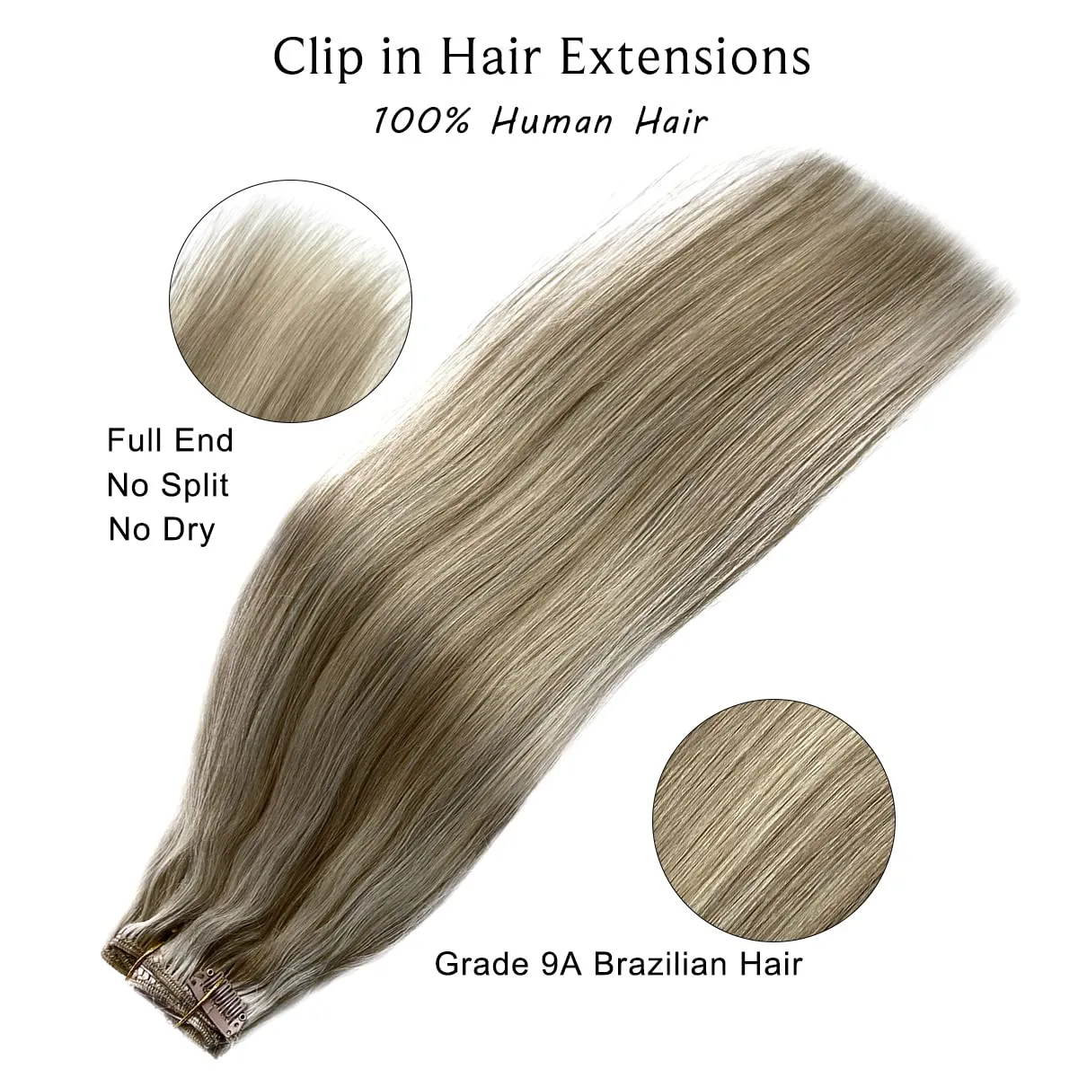 Clip in Hair Extensions Real Human Hair, Ash Blonde Balayage White Blonde Highlights Real Hair Extensions Clip in Human Hair,14 Inch 70G 7 Pieces Double Wefts Remy Human Hair Clip ins Extensions