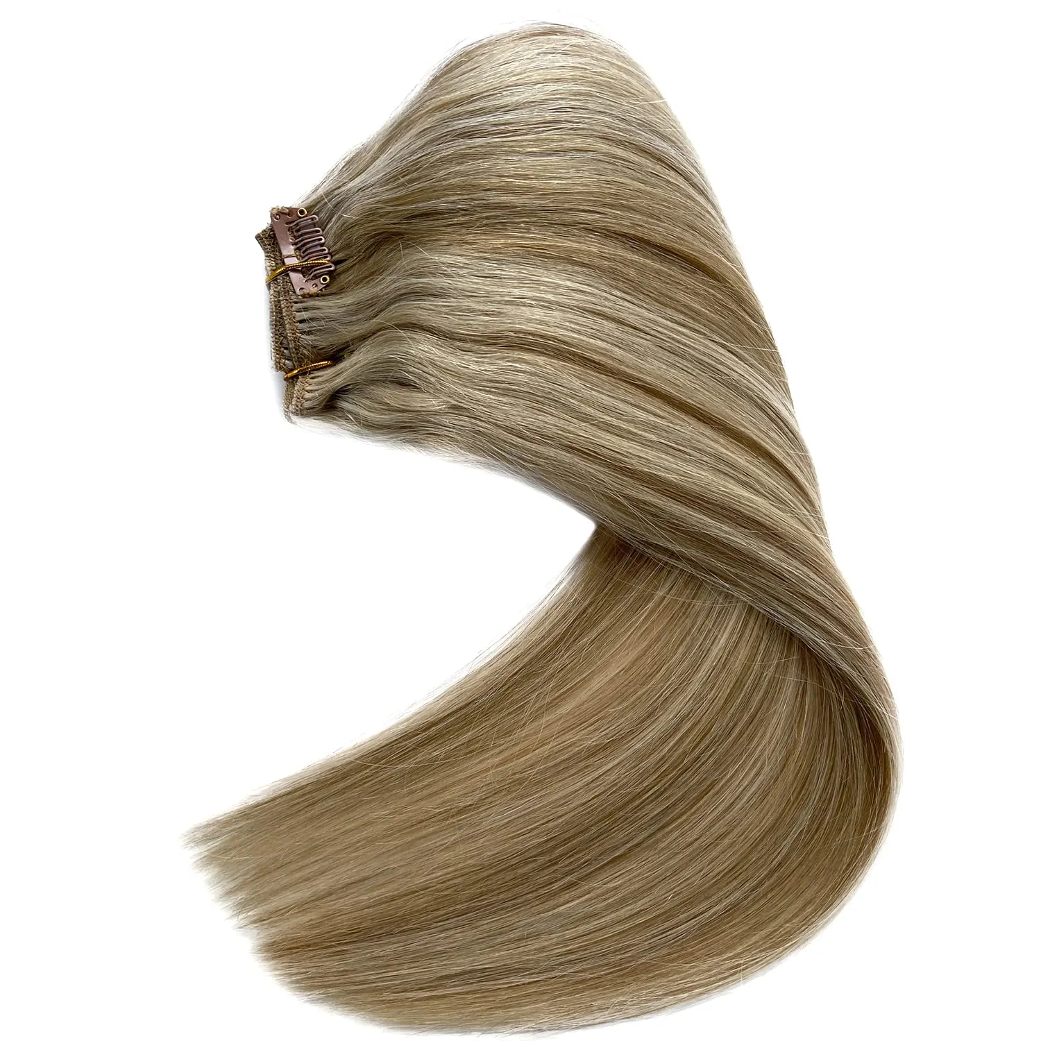 Clip in Hair Extensions Real Human Hair, Ash Blonde Balayage White Blonde Highlights Real Hair Extensions Clip in Human Hair,14 Inch 70G 7 Pieces Double Wefts Remy Human Hair Clip ins Extensions