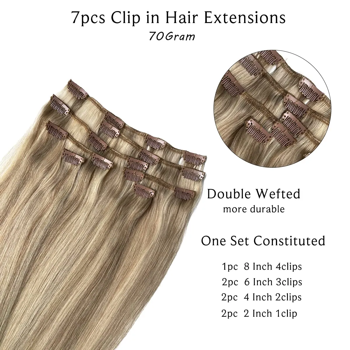 Clip in Hair Extensions Real Human Hair, Ash Blonde Balayage White Blonde Highlights Real Hair Extensions Clip in Human Hair,14 Inch 70G 7 Pieces Double Wefts Remy Human Hair Clip ins Extensions