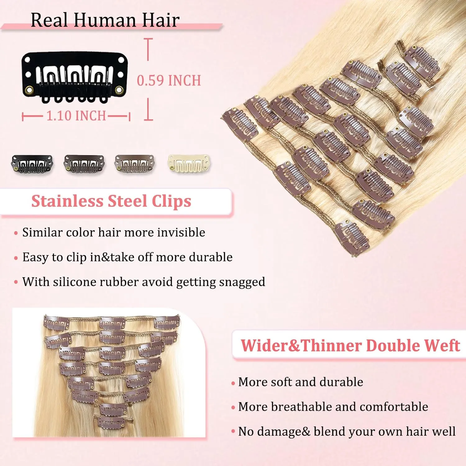 Clip in Hair Extensions Real Human Hair Clip in Extensions for Women Seamless Balayage Dark Blonde to Bleach Blonde Straight Remy 100% Human Clips ins Extension 8pcs Double Weft 18 inch 3.5oz/100g