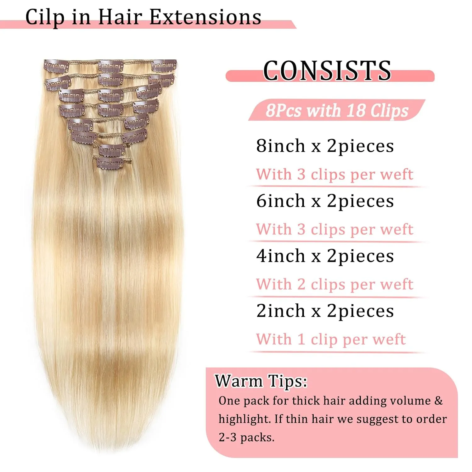 Clip in Hair Extensions Real Human Hair Clip in Extensions for Women Seamless Balayage Dark Blonde to Bleach Blonde Straight Remy 100% Human Clips ins Extension 8pcs Double Weft 18 inch 3.5oz/100g