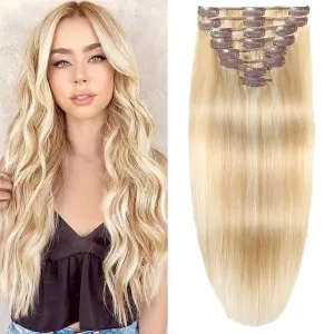 Clip in Hair Extensions Real Human Hair Clip in Extensions for Women Seamless Balayage Dark Blonde to Bleach Blonde Straight Remy 100% Human Clips ins Extension 8pcs Double Weft 18 inch 3.5oz/100g