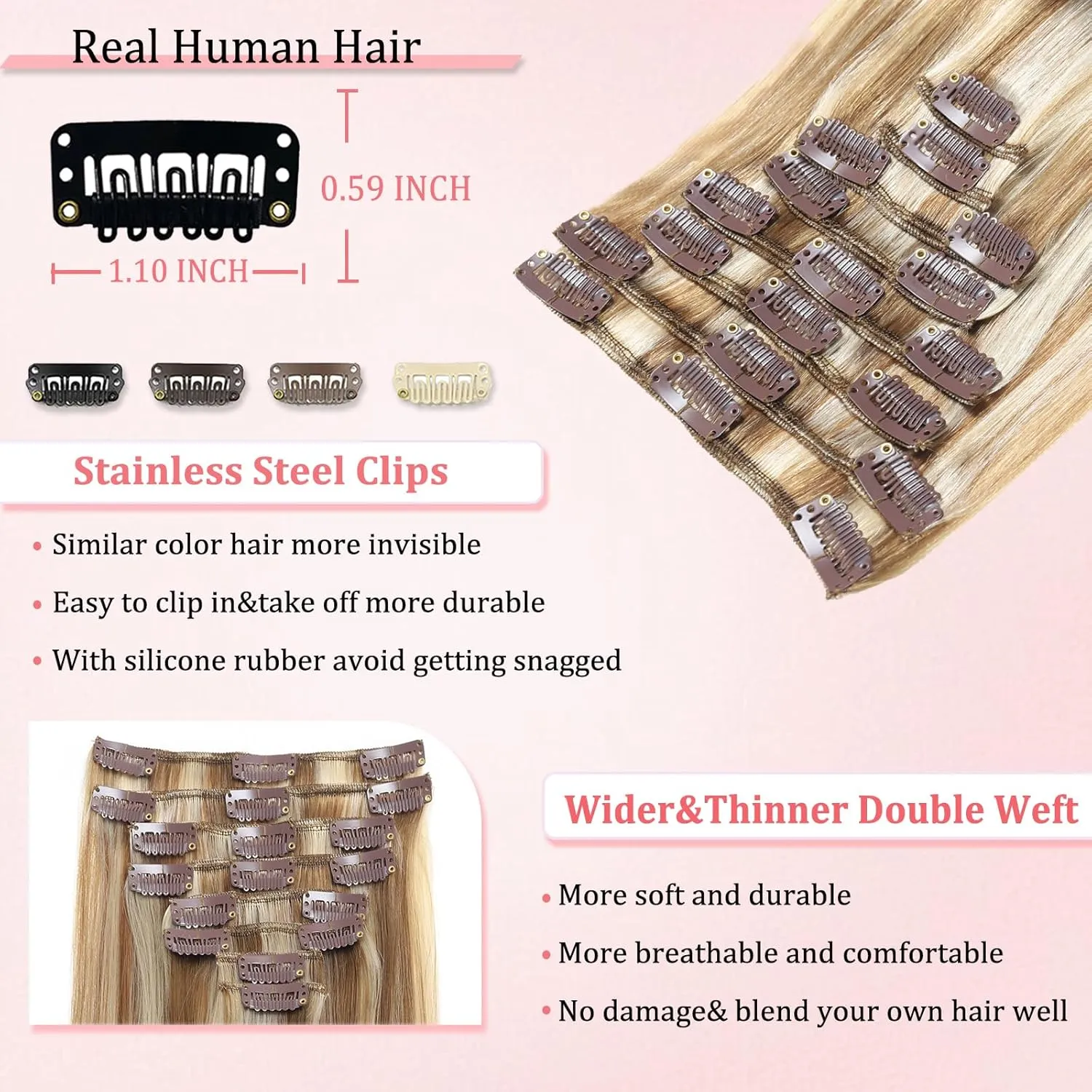 Clip in Hair Extensions Real Human Hair Clip in Extensions for Women Seamless Balayage Light Blonde to Golden Blonde Straight Remy 100% Human Clips ins Extension 8pcs Double Weft 24 inch 4.2oz/120g