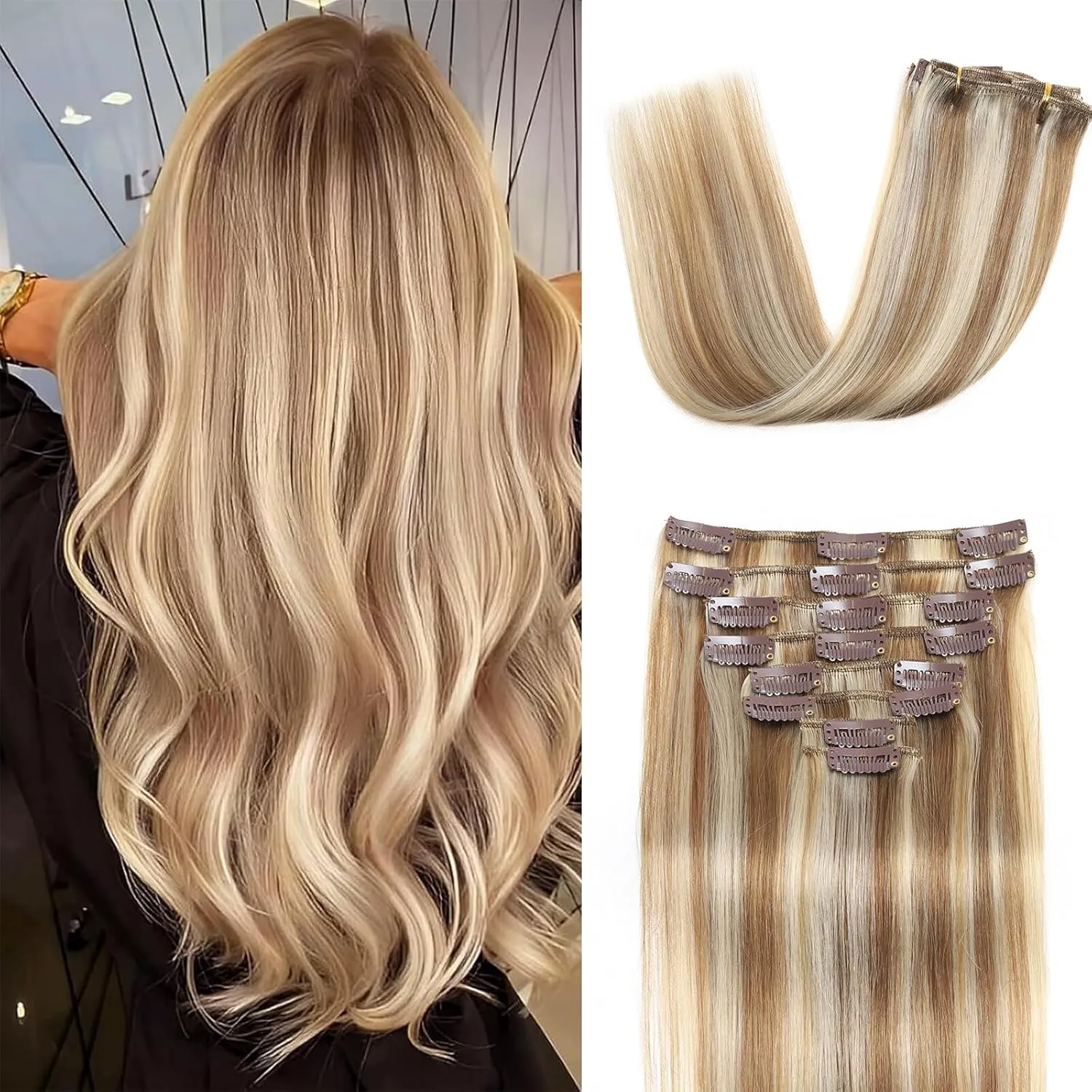 Clip in Hair Extensions Real Human Hair Clip in Extensions for Women Seamless Balayage Light Blonde to Golden Blonde Straight Remy 100% Human Clips ins Extension 8pcs Double Weft 24 inch 4.2oz/120g