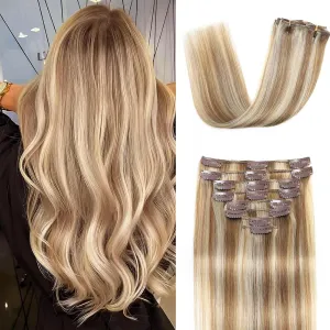 Clip in Hair Extensions Real Human Hair Clip in Extensions for Women Seamless Balayage Light Blonde to Golden Blonde Straight Remy 100% Human Clips ins Extension 8pcs Double Weft 24 inch 4.2oz/120g