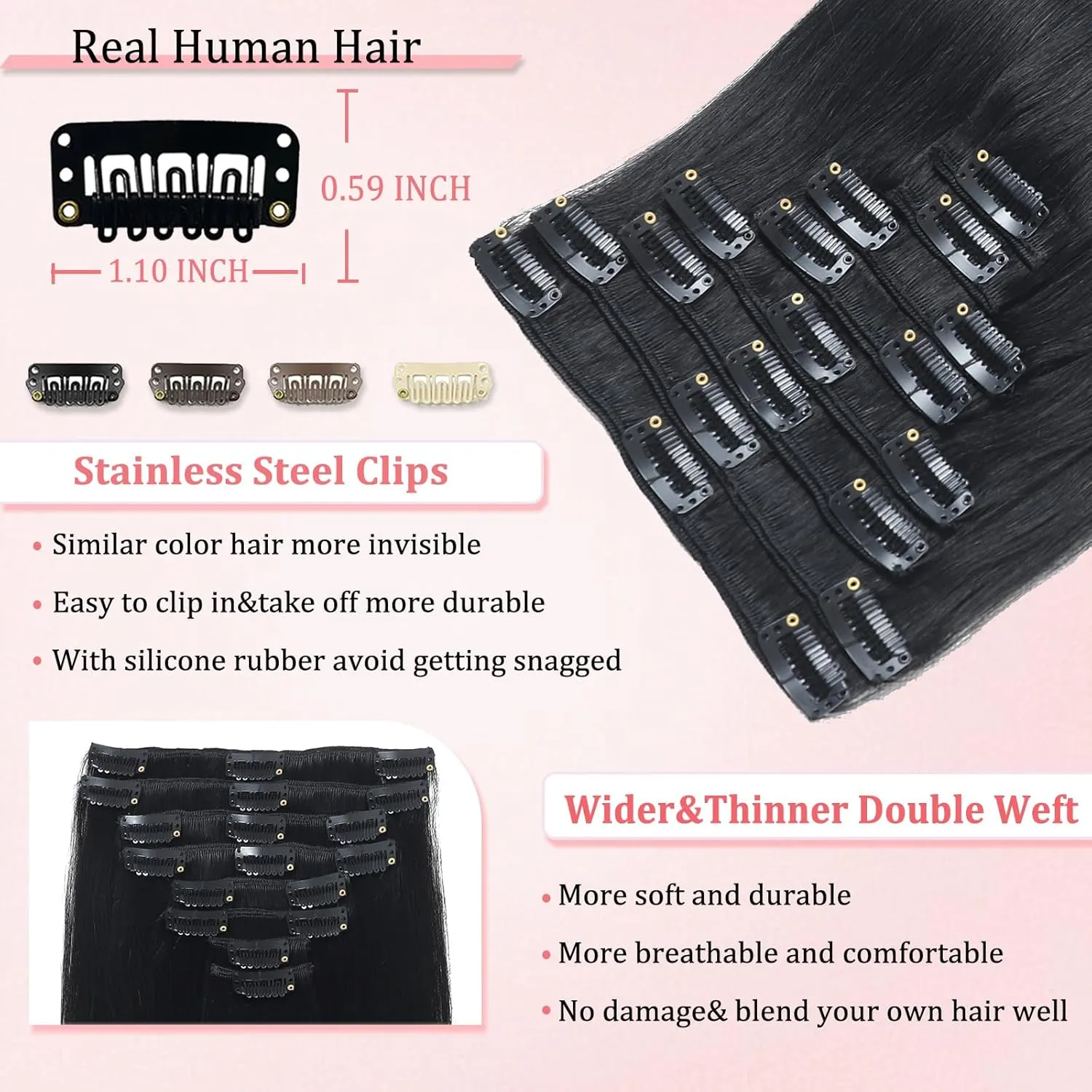 Clip in Hair Extensions Real Human Hair Clip in Extensions for Women Seamless Invisible Jet Black Natural Remy 100% Human Clips ins Extension 8pcs Double Weft 18 inch 3.5oz/100g