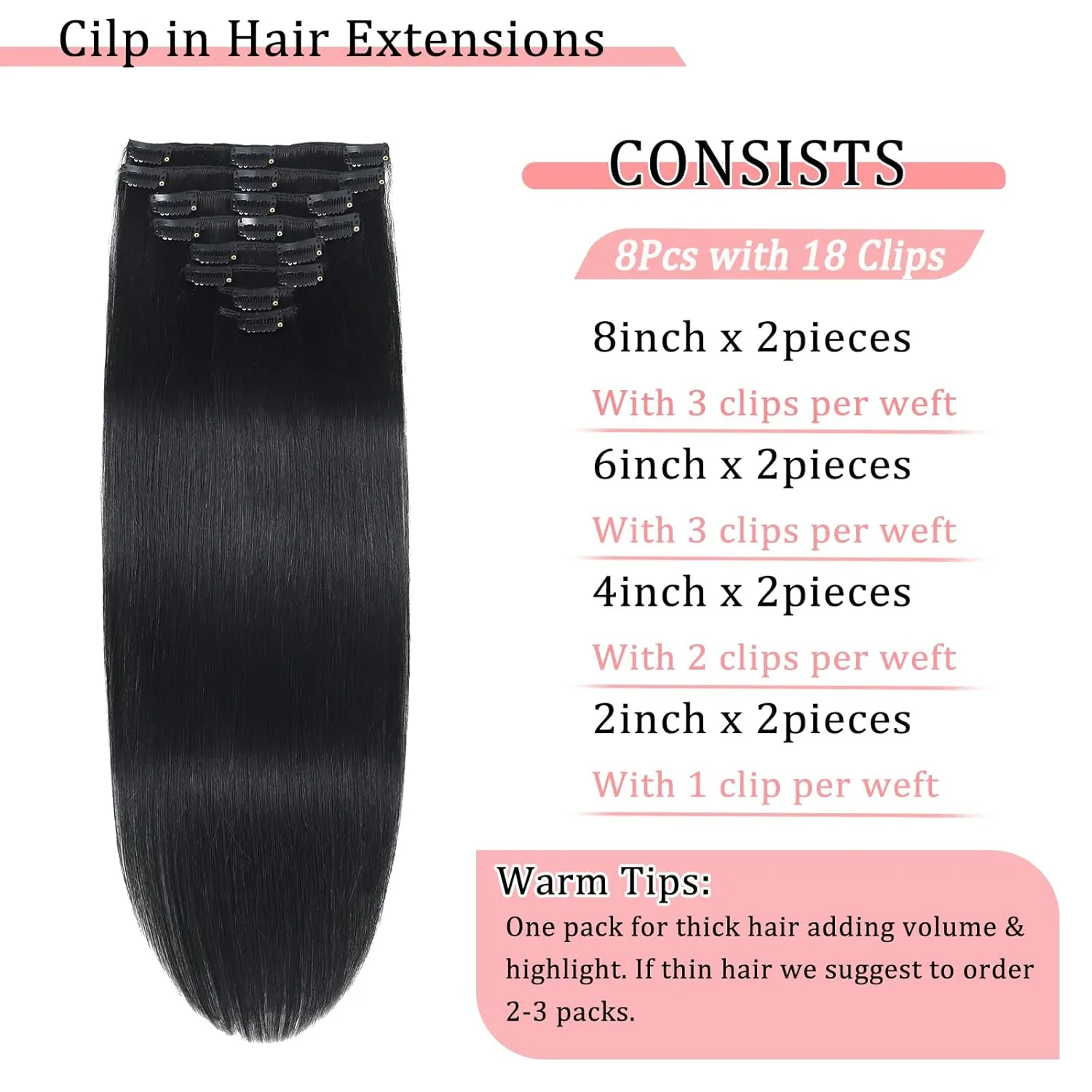 Clip in Hair Extensions Real Human Hair Clip in Extensions for Women Seamless Invisible Jet Black Natural Remy 100% Human Clips ins Extension 8pcs Double Weft 18 inch 3.5oz/100g