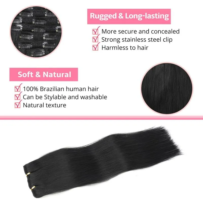 Clip in Hair Extensions Real Human Hair Clip ins 8pcs 110g Brazilian Remy Human Hair Extension for Women Per Set with 20 Clips Double Weft (18 Inch #1 Jet Black)