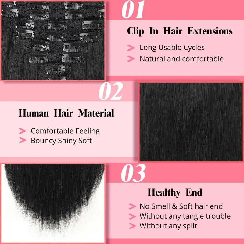 Clip in Hair Extensions Real Human Hair Clip ins 8pcs 110g Brazilian Remy Human Hair Extension for Women Per Set with 20 Clips Double Weft (18 Inch #1 Jet Black)