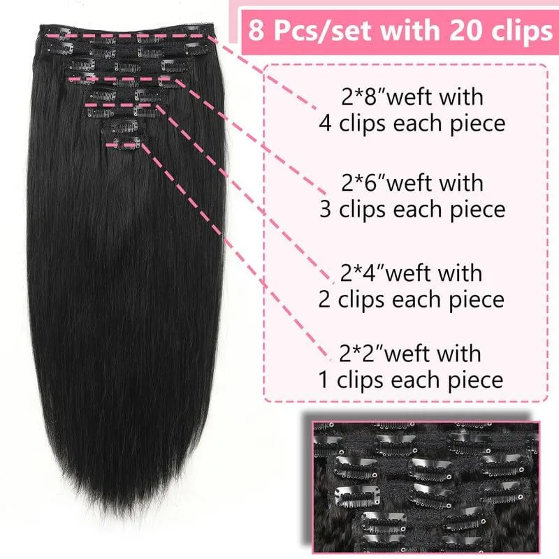 Clip in Hair Extensions Real Human Hair Clip ins 8pcs 110g Brazilian Remy Human Hair Extension for Women Per Set with 20 Clips Double Weft (18 Inch #1 Jet Black)
