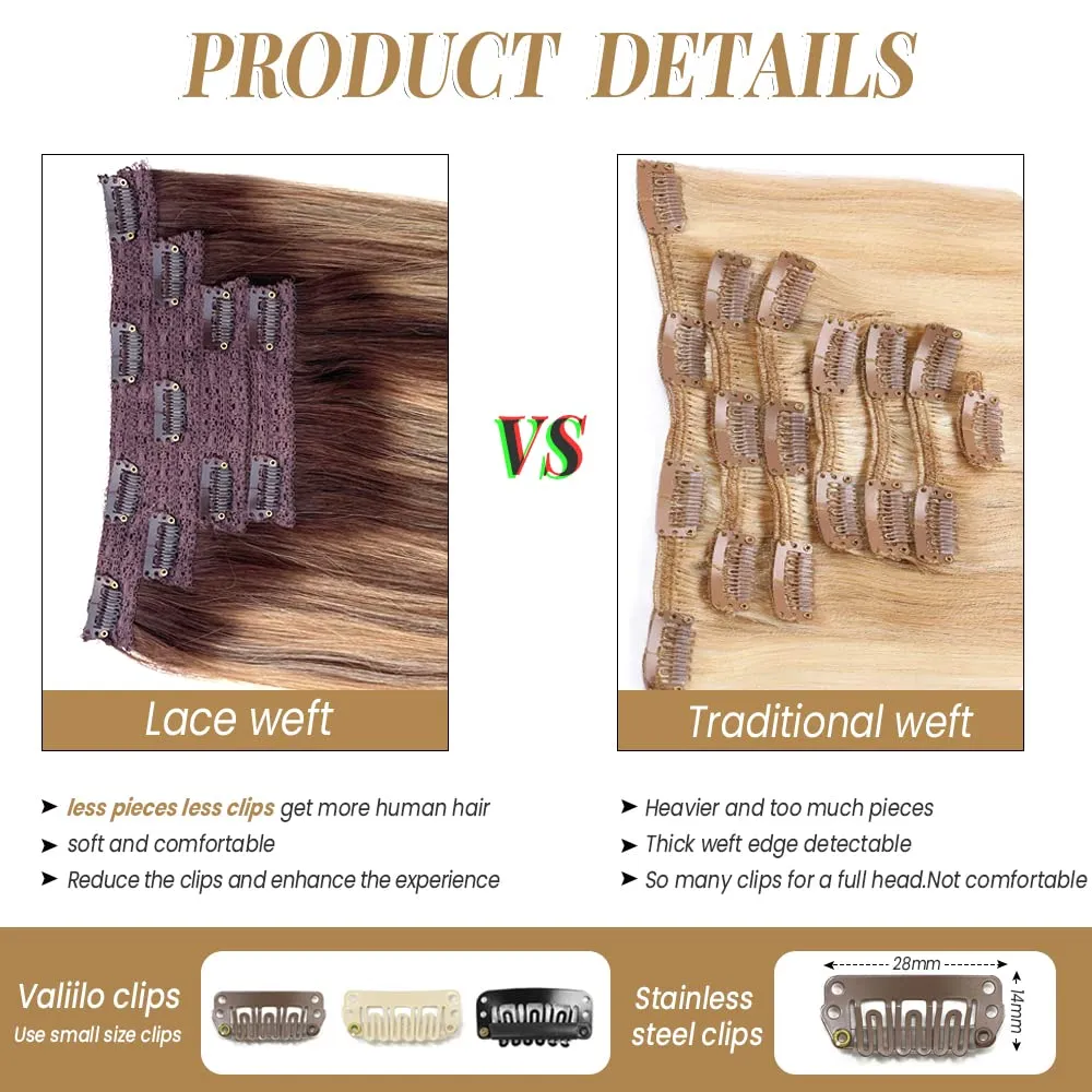 Clip in Hair Extensions Real Human Hair Dark Roots 100g Seamless 4 Pieces Hair Extension Lace Clip ins Balayage Blonde Highlights 14 Inch