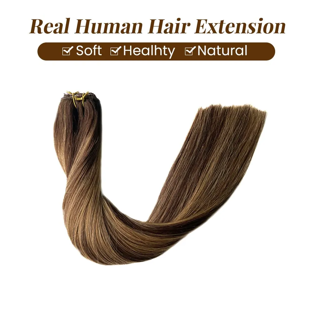 Clip in Hair Extensions Real Human Hair Dark Roots 100g Seamless 4 Pieces Hair Extension Lace Clip ins Balayage Blonde Highlights 14 Inch