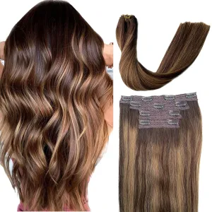 Clip in Hair Extensions Real Human Hair Dark Roots 100g Seamless 4 Pieces Hair Extension Lace Clip ins Balayage Blonde Highlights 14 Inch