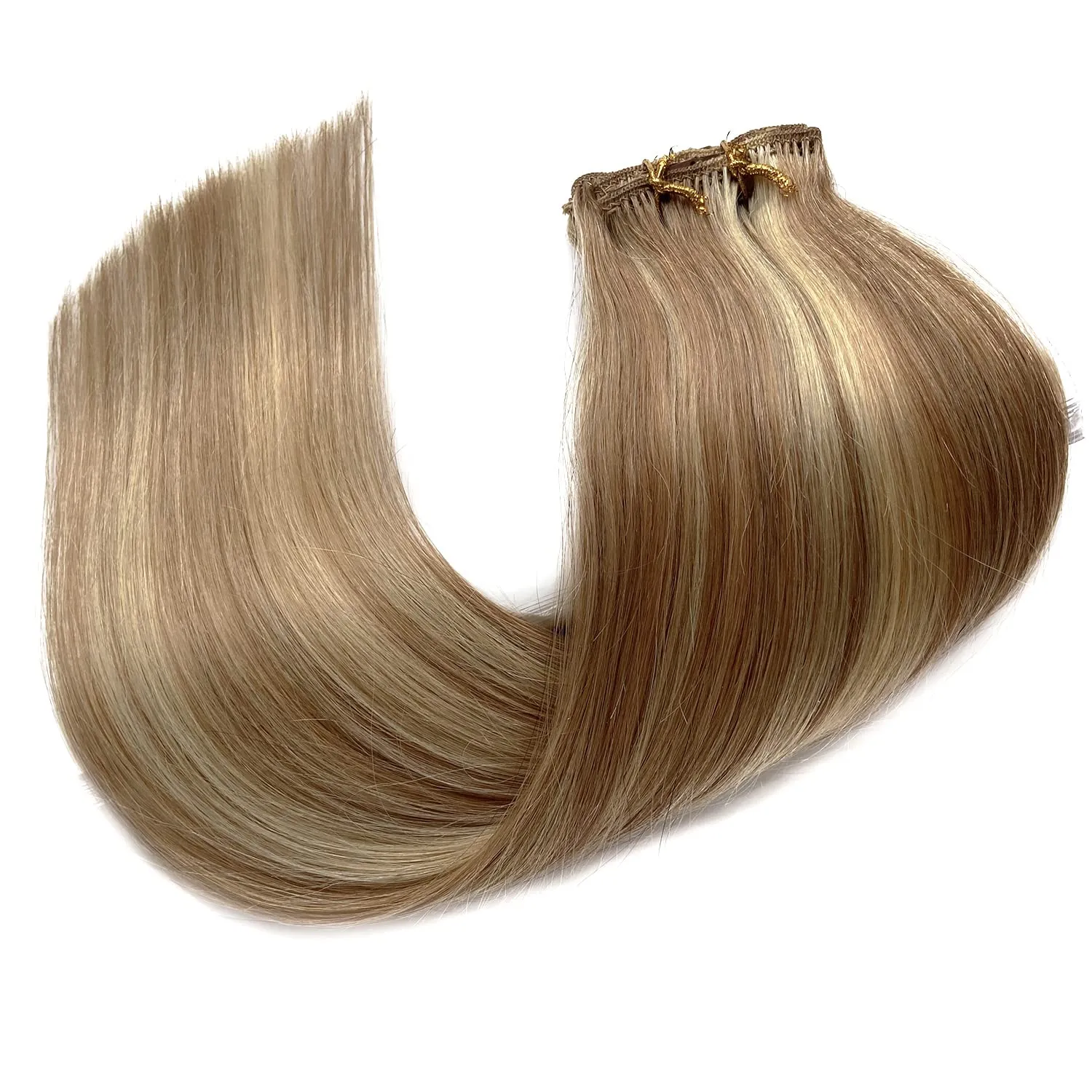 Clip in Hair Extensions Real Human Hair, Golden Brown Balayage Blonde Highlights Real Hair Extensions Clip ins, 7 Pieces 70G Human Hair Extensions Clip in Human Hair Double Wefts Clip Hair 16 Inch