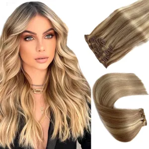 Clip in Hair Extensions Real Human Hair, Golden Brown Balayage Blonde Highlights Real Hair Extensions Clip ins, 7 Pieces 70G Human Hair Extensions Clip in Human Hair Double Wefts Clip Hair 16 Inch