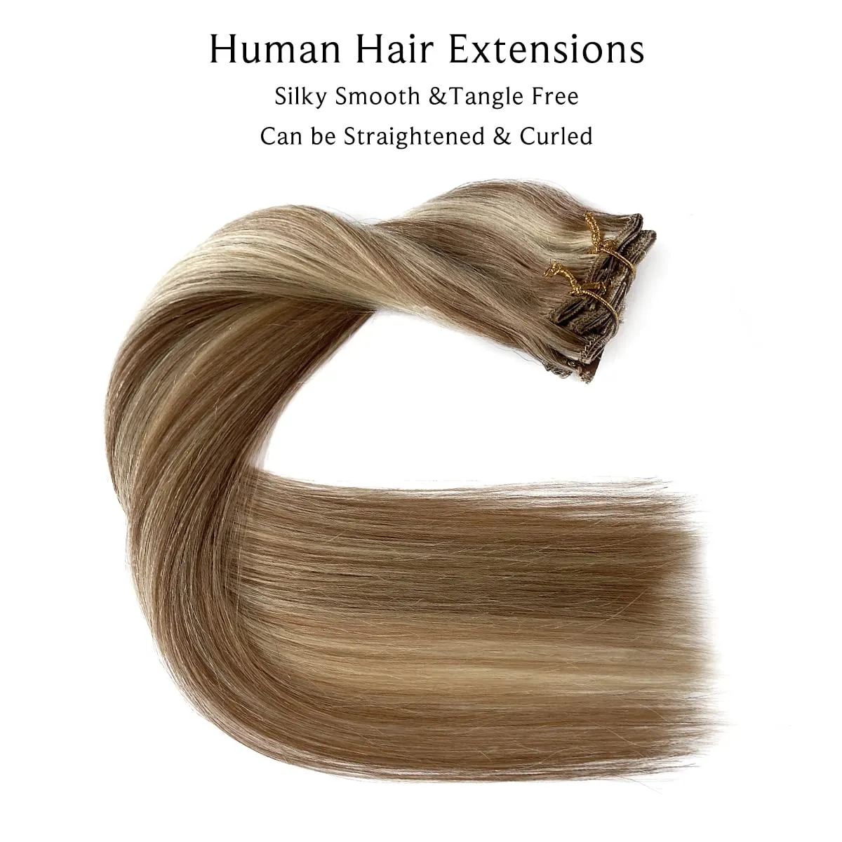 Clip in Hair Extensions Real Human Hair, Golden Brown Balayage Blonde Highlights Real Hair Extensions Clip ins, 7 Pieces 70G Human Hair Extensions Clip in Human Hair Double Wefts Clip Hair 16 Inch