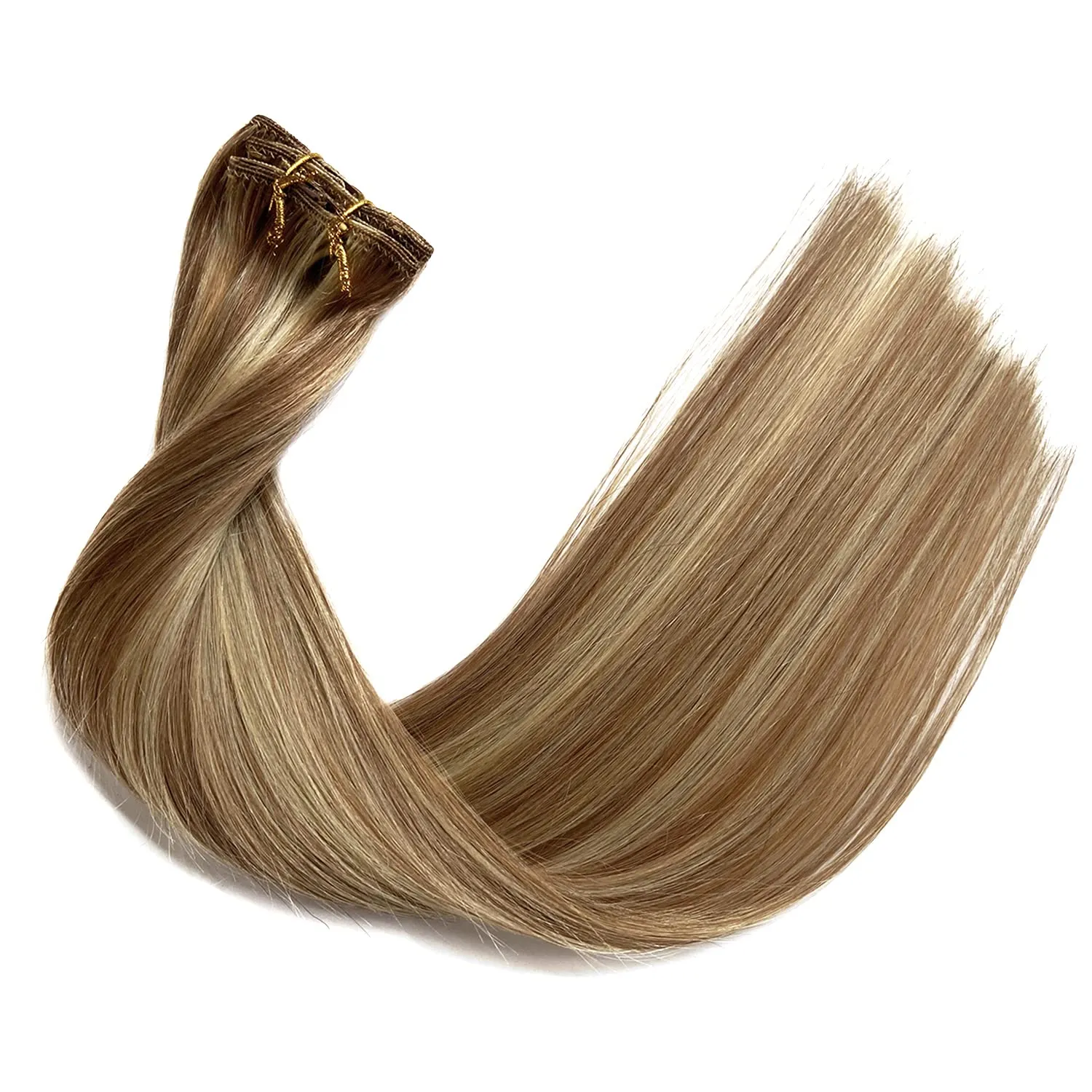 Clip in Hair Extensions Real Human Hair, Golden Brown Balayage Blonde Highlights Real Hair Extensions Clip ins, 7 Pieces 70G Human Hair Extensions Clip in Human Hair Double Wefts Clip Hair 16 Inch