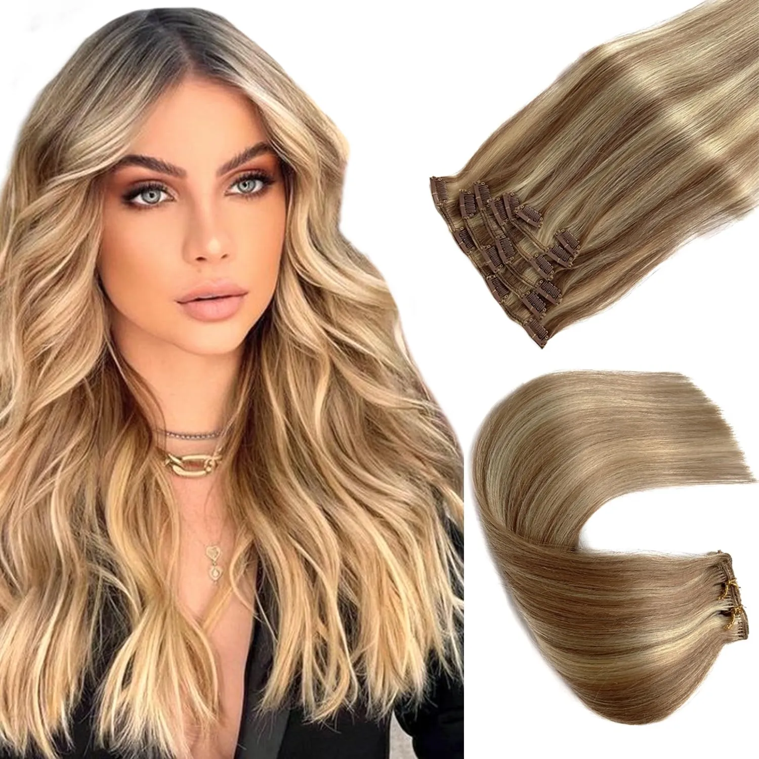 Clip in Hair Extensions Real Human Hair, Golden Brown Balayage Blonde Highlights Real Hair Extensions Clip ins, 7 Pieces 70G Human Hair Extensions Clip in Human Hair Double Wefts Clip Hair 16 Inch