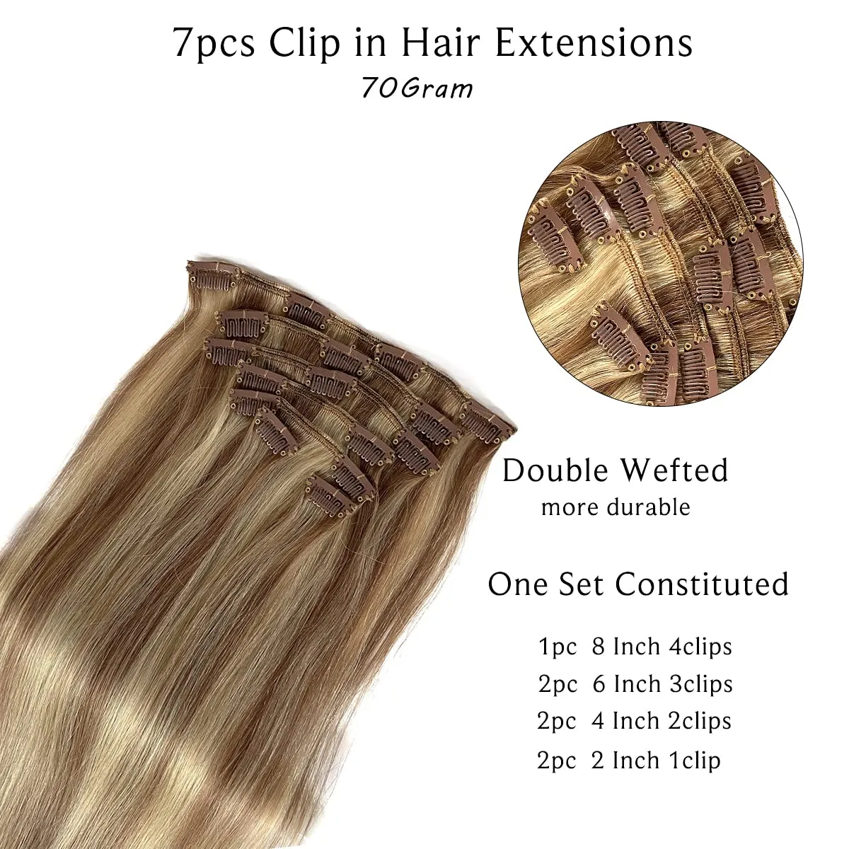 Clip in Hair Extensions Real Human Hair, Golden Brown Balayage Blonde Highlights Real Hair Extensions Clip ins, 7 Pieces 70G Human Hair Extensions Clip in Human Hair Double Wefts Clip Hair 16 Inch