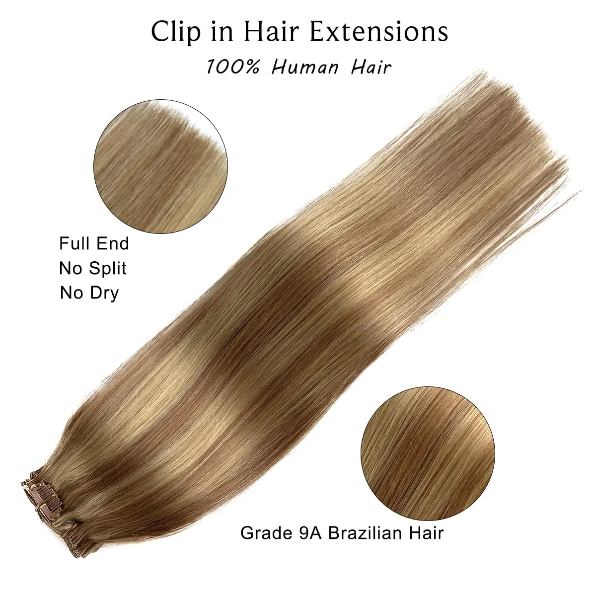 Clip in Hair Extensions Real Human Hair, Golden Brown Balayage Blonde Highlights Real Hair Extensions Clip ins, 7 Pieces 70G Human Hair Extensions Clip in Human Hair Double Wefts Clip Hair 16 Inch